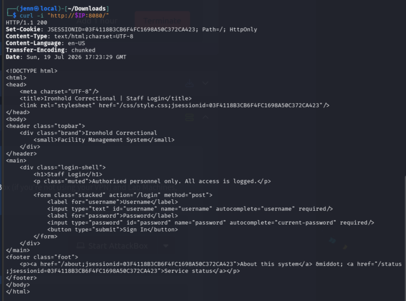 curl response from the IronHold login page on port 8080